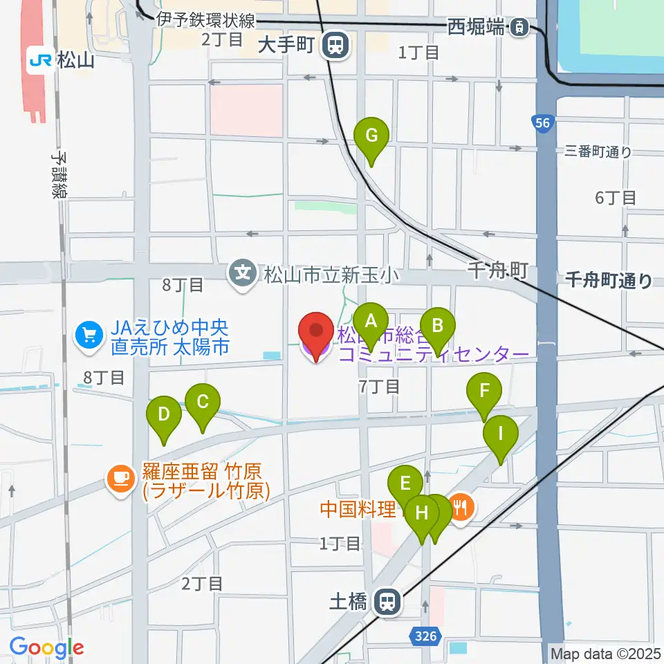 松山市総合コミュニティセンター周辺のファミレス・ファーストフード一覧地図