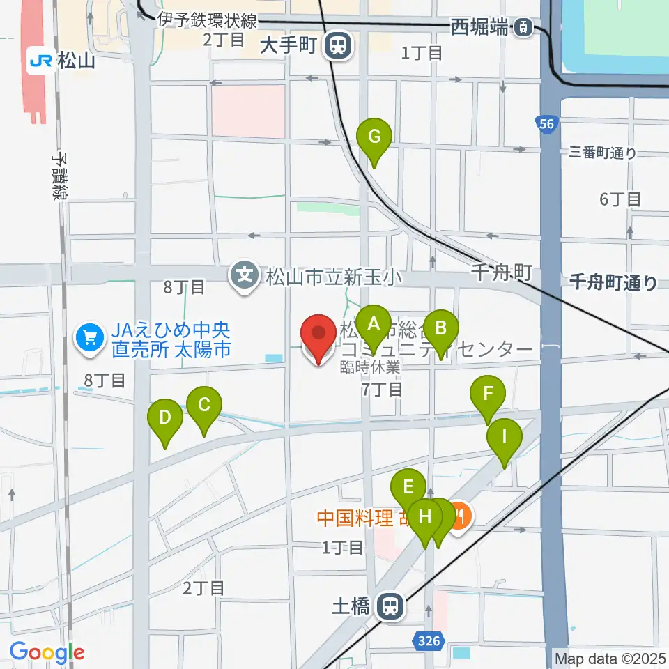 松山市総合コミュニティセンター周辺のファミレス・ファーストフード一覧地図