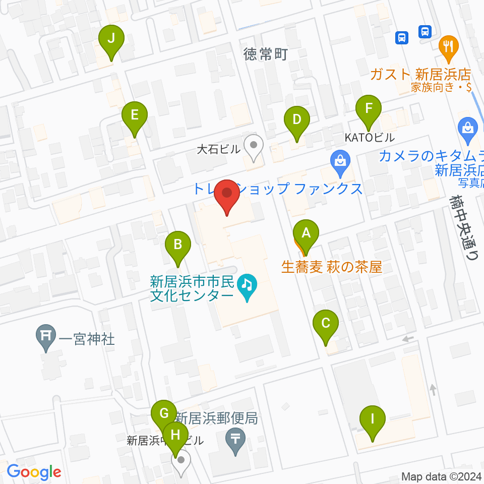 新居浜市市民文化センター周辺のファミレス・ファーストフード一覧地図