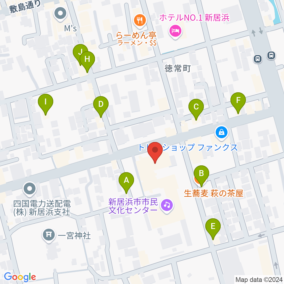 新居浜市市民文化センター周辺のファミレス・ファーストフード一覧地図