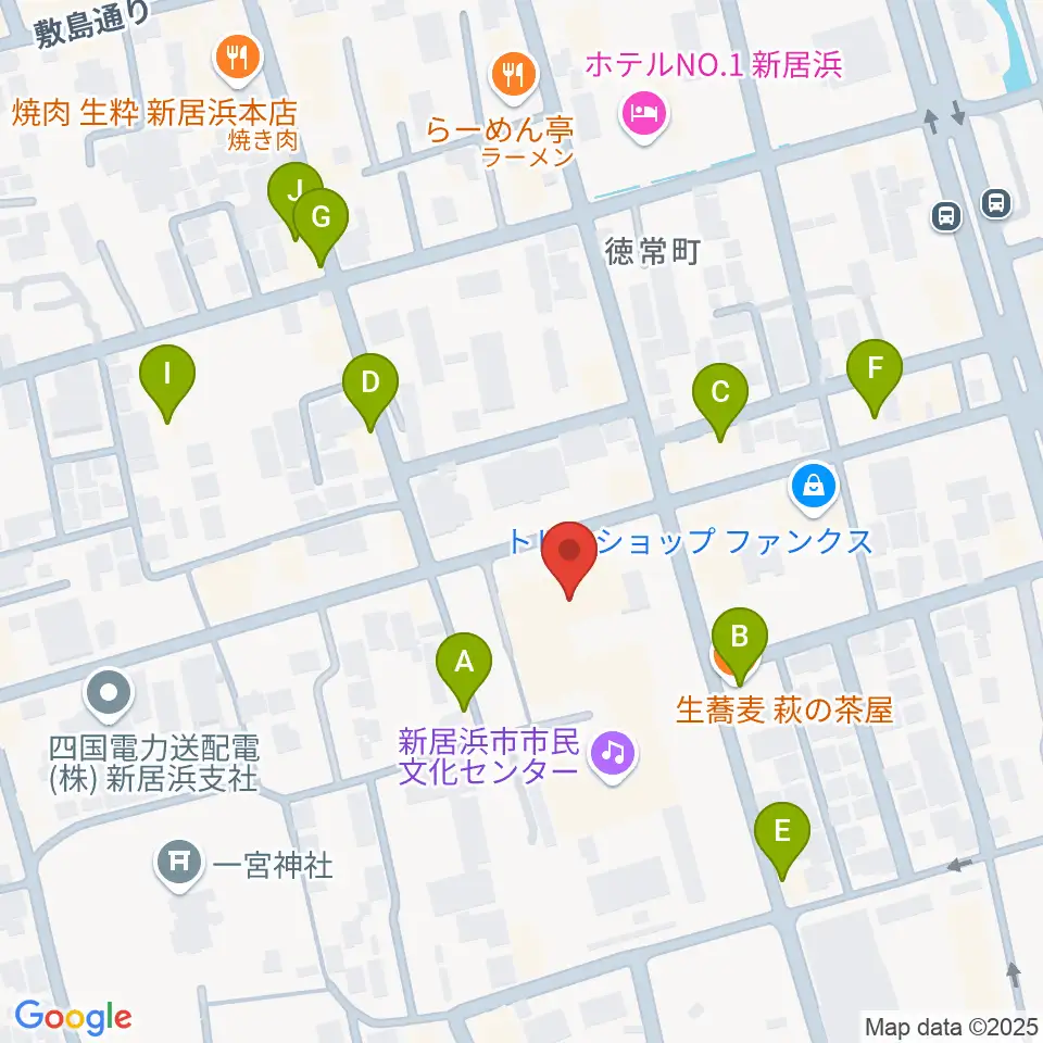 新居浜市市民文化センター周辺のファミレス・ファーストフード一覧地図