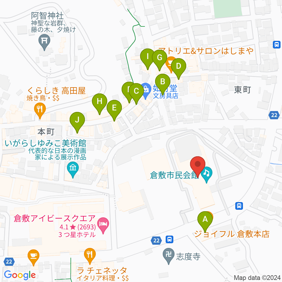 倉敷市民会館周辺のファミレス・ファーストフード一覧地図