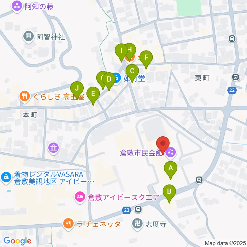 倉敷市民会館周辺のファミレス・ファーストフード一覧地図