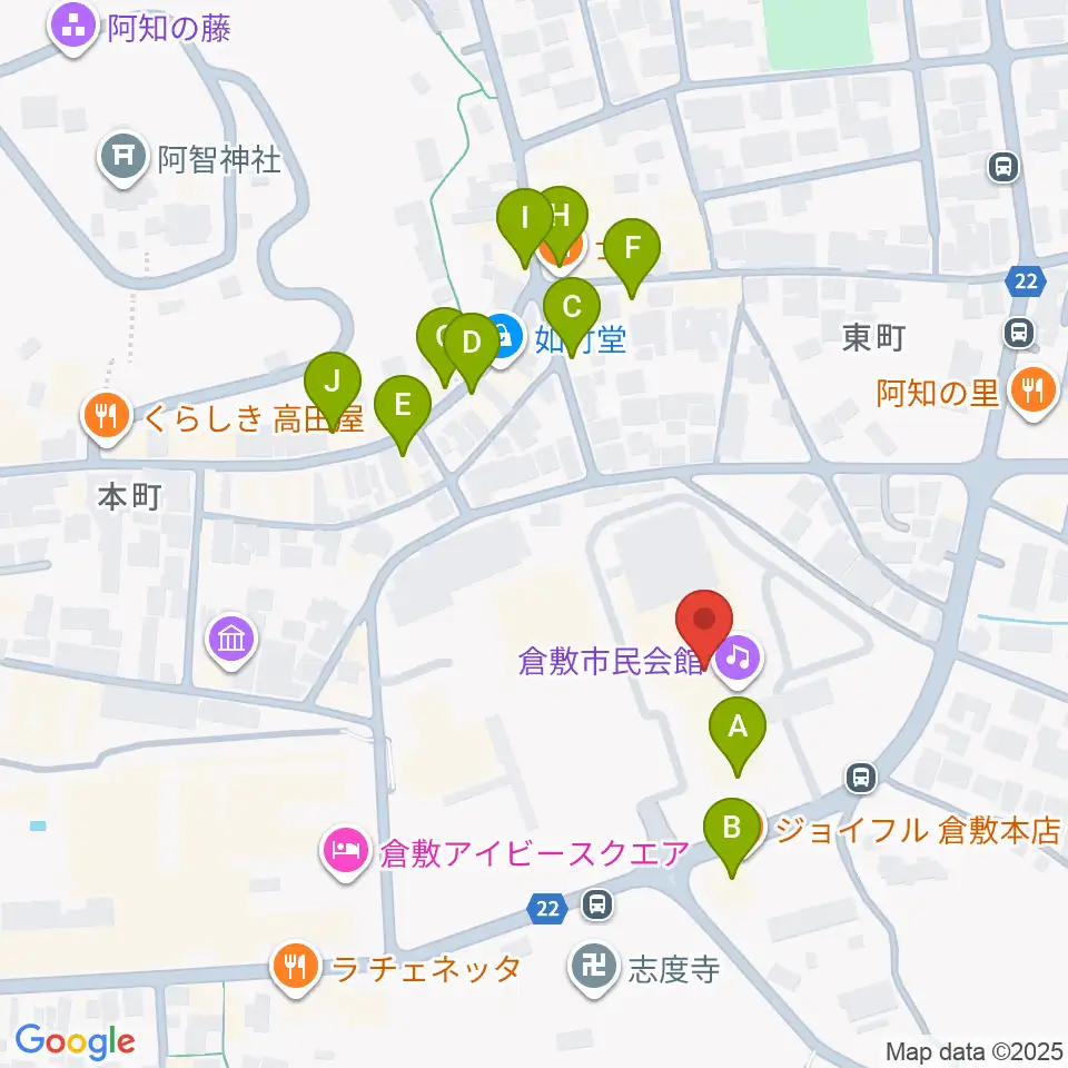 倉敷市民会館周辺のファミレス・ファーストフード一覧地図