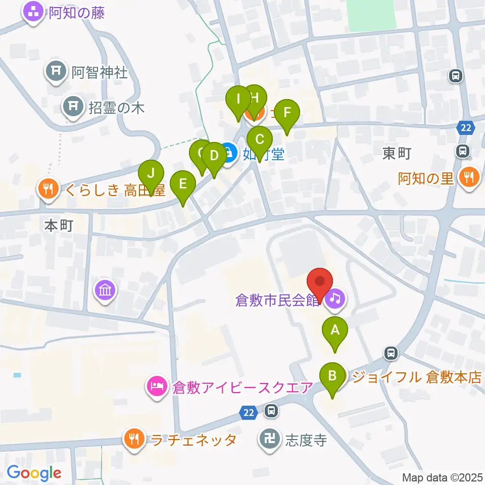 倉敷市民会館周辺のファミレス・ファーストフード一覧地図