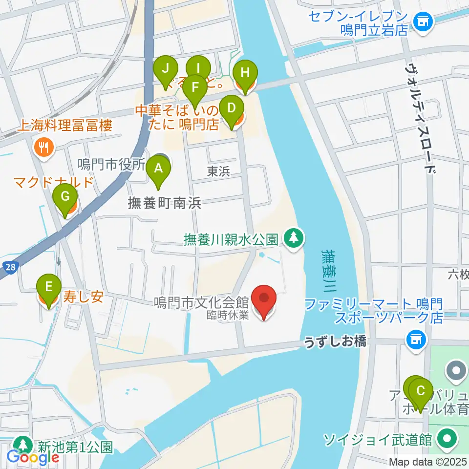 鳴門市文化会館周辺のファミレス・ファーストフード一覧地図