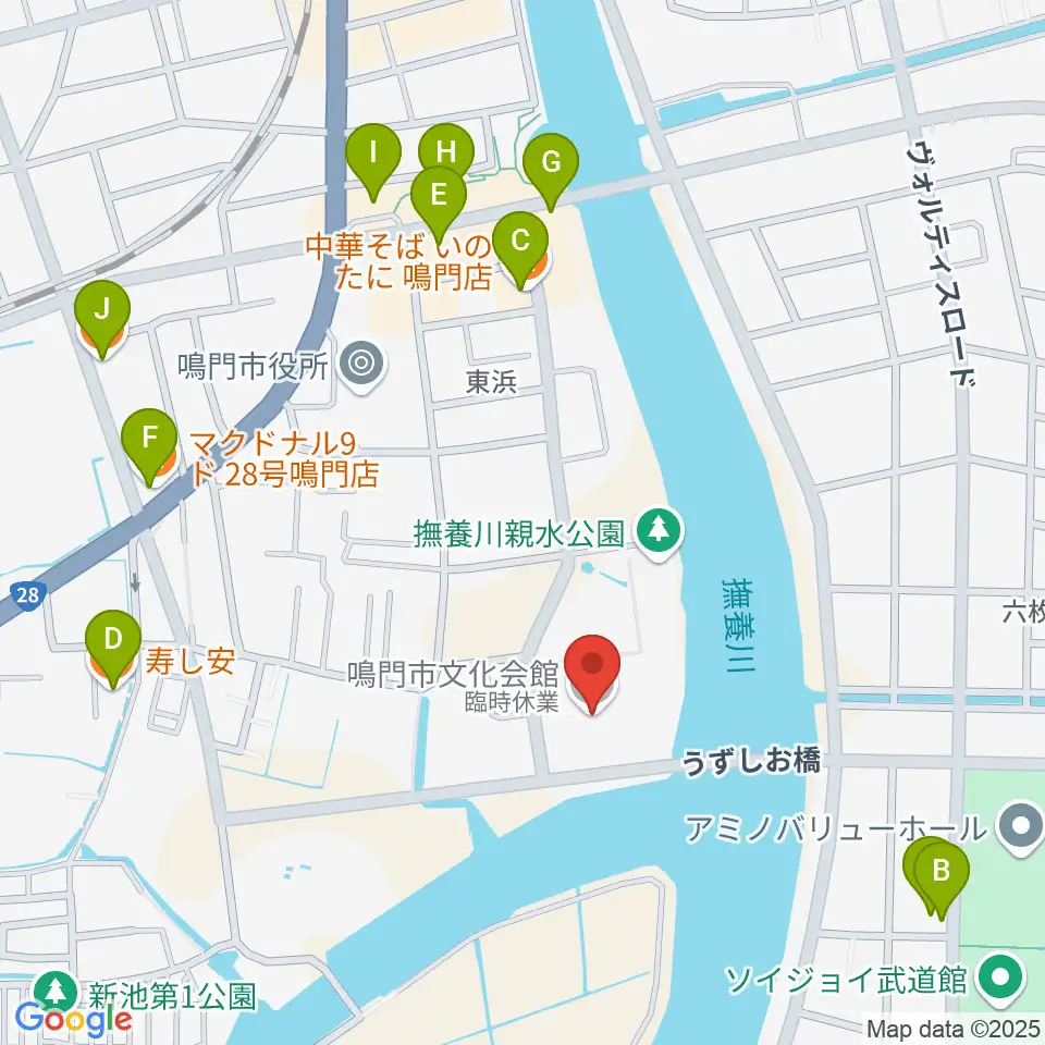 鳴門市文化会館周辺のファミレス・ファーストフード一覧地図