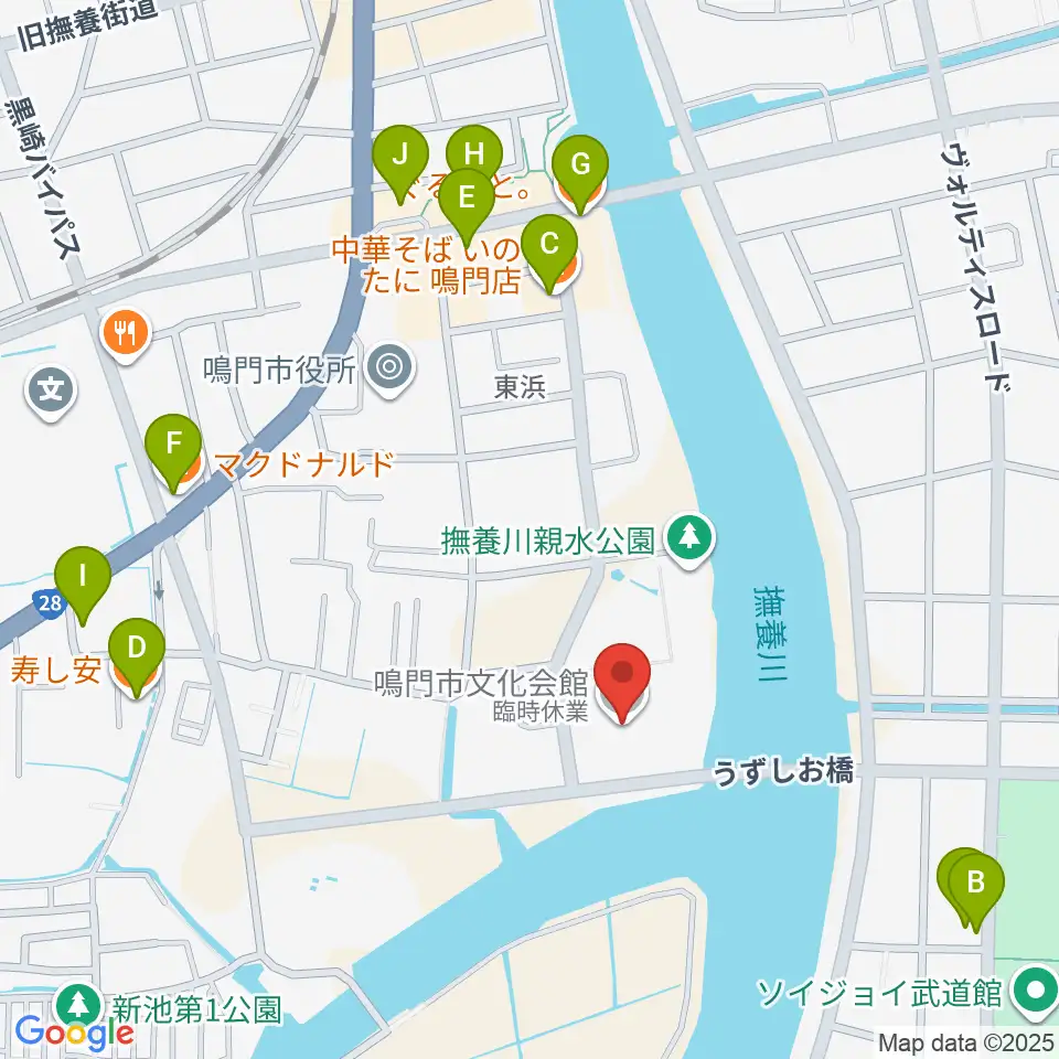 鳴門市文化会館周辺のファミレス・ファーストフード一覧地図