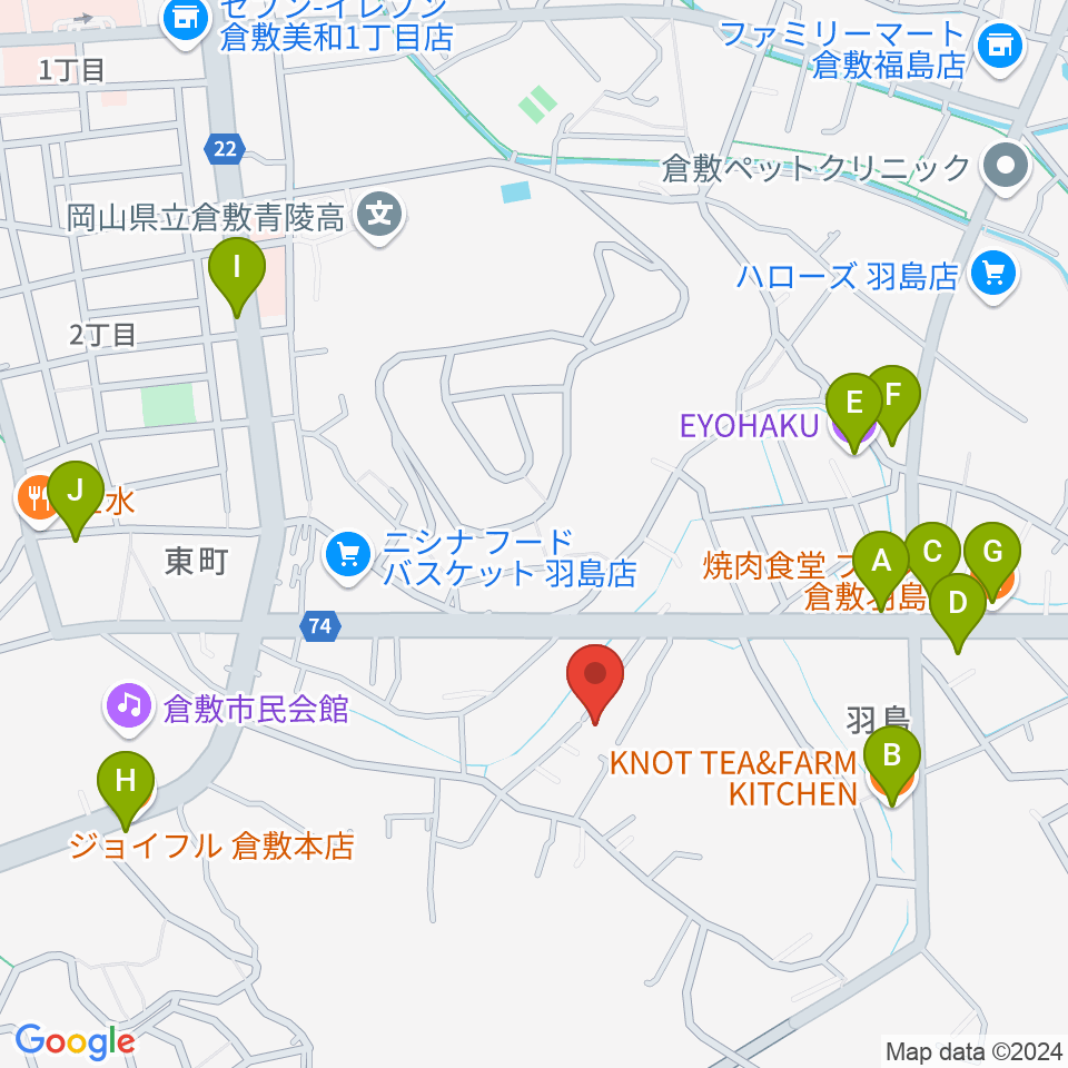 倉敷音楽舘周辺のファミレス・ファーストフード一覧地図