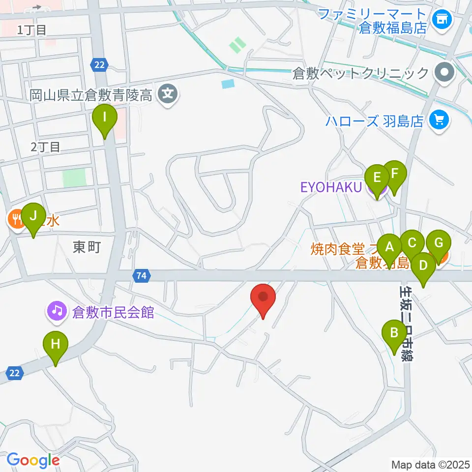 倉敷音楽舘周辺のファミレス・ファーストフード一覧地図