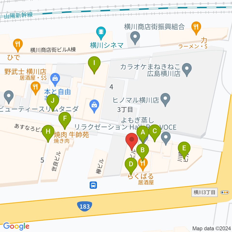 横川アップルジャム周辺のファミレス・ファーストフード一覧地図