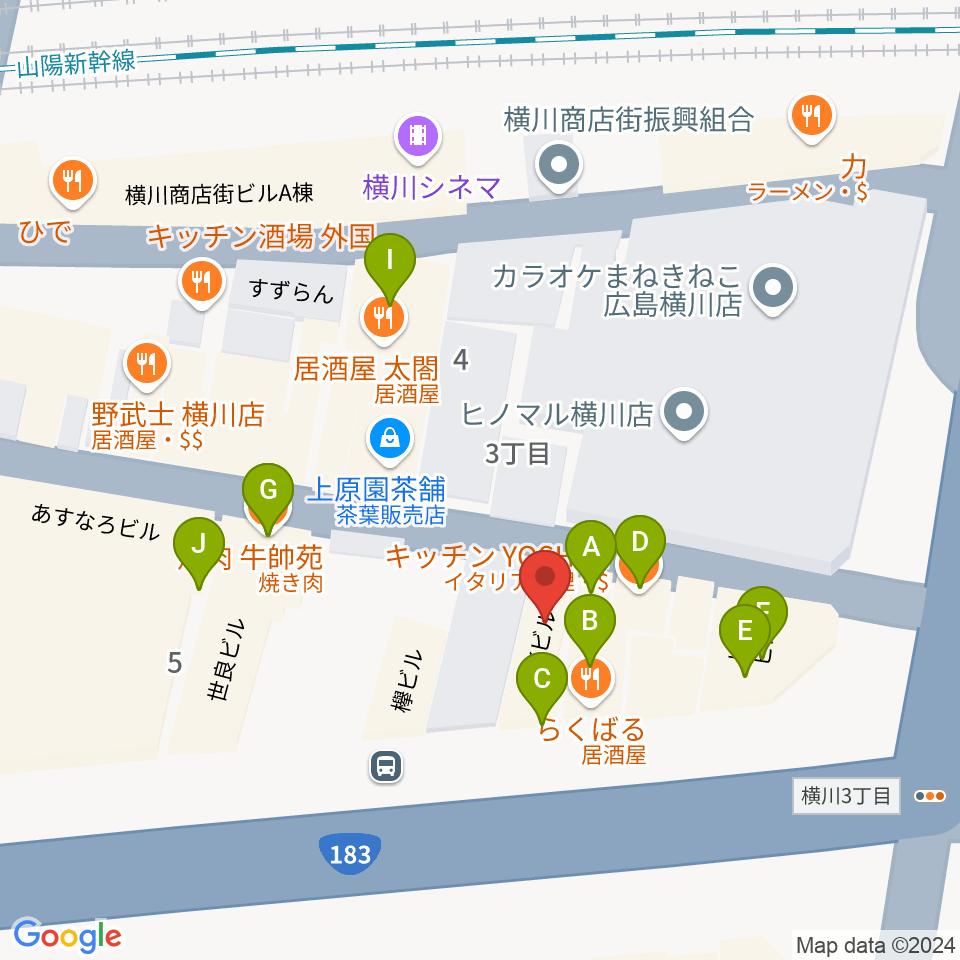 横川アップルジャム周辺のファミレス・ファーストフード一覧地図