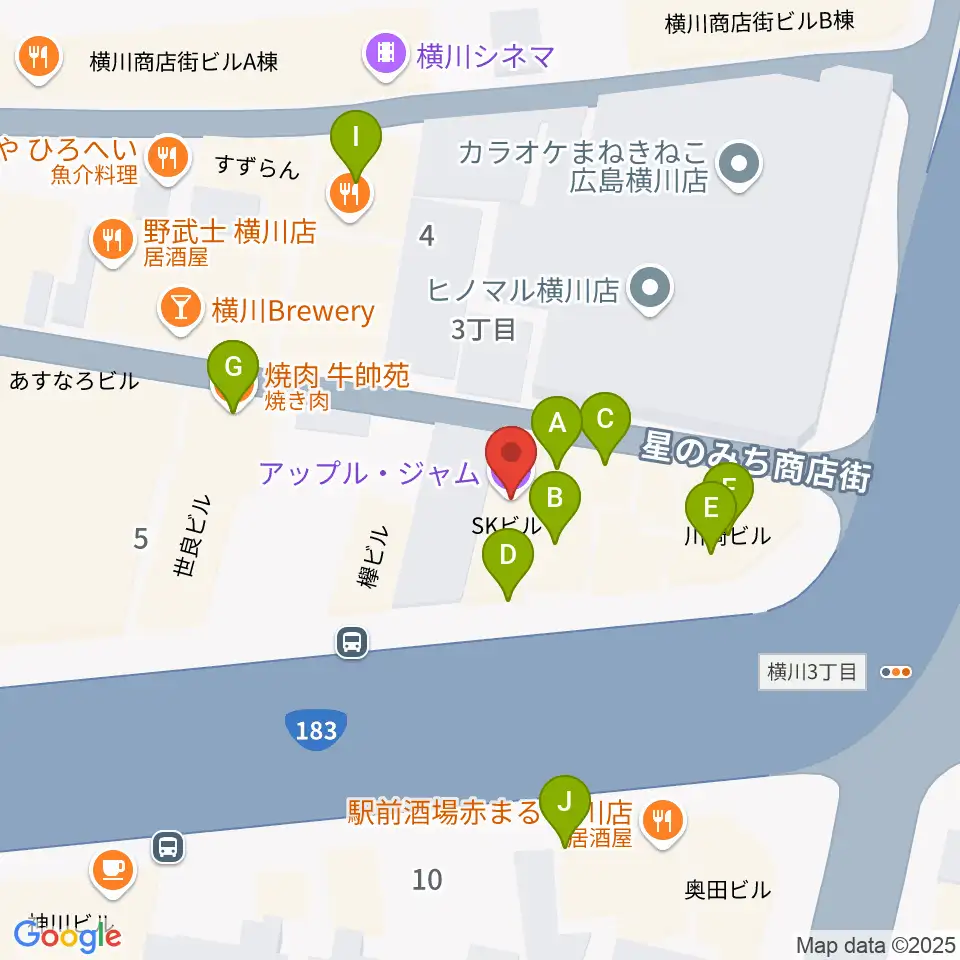 横川アップルジャム周辺のファミレス・ファーストフード一覧地図
