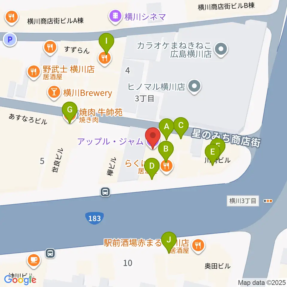 横川アップルジャム周辺のファミレス・ファーストフード一覧地図
