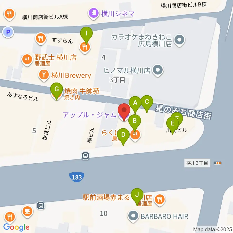 横川アップルジャム周辺のファミレス・ファーストフード一覧地図