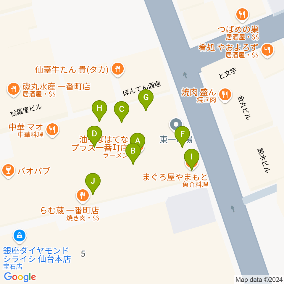 仙台KABO周辺のファミレス・ファーストフード一覧地図