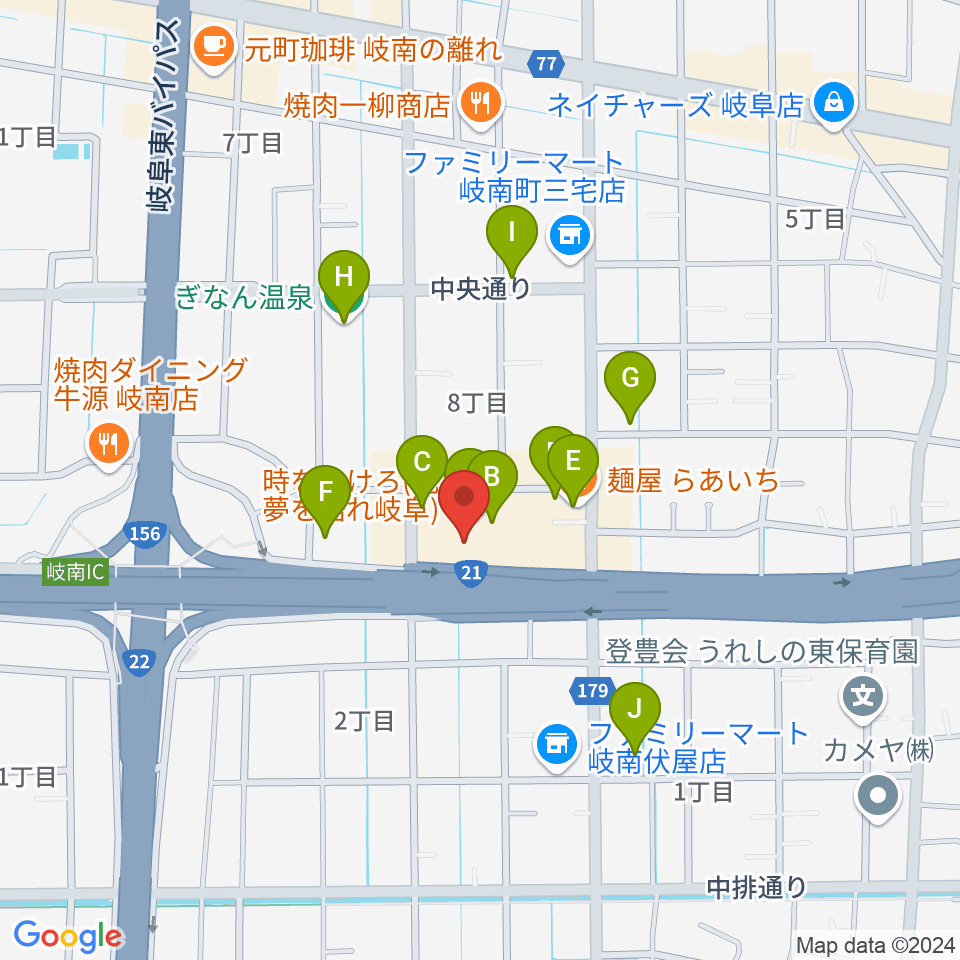 岐阜CLUB ROOTS周辺のファミレス・ファーストフード一覧地図