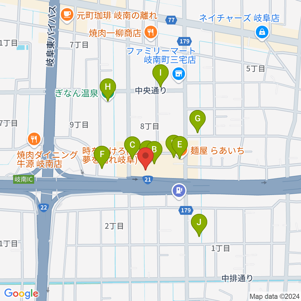 岐阜CLUB ROOTS周辺のファミレス・ファーストフード一覧地図