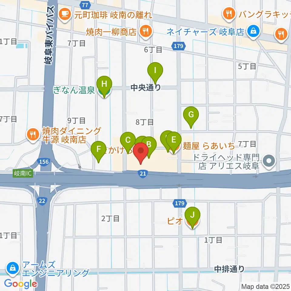 岐阜CLUB ROOTS周辺のファミレス・ファーストフード一覧地図