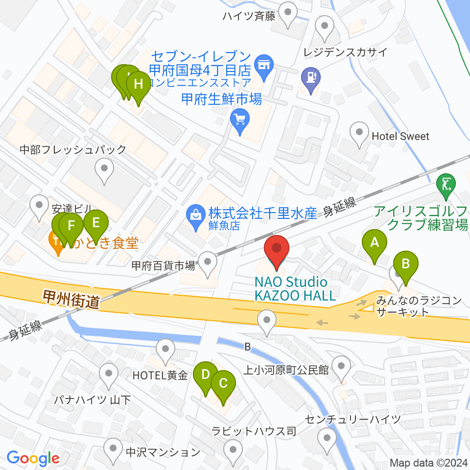甲府カズーホール周辺のファミレス・ファーストフード一覧地図