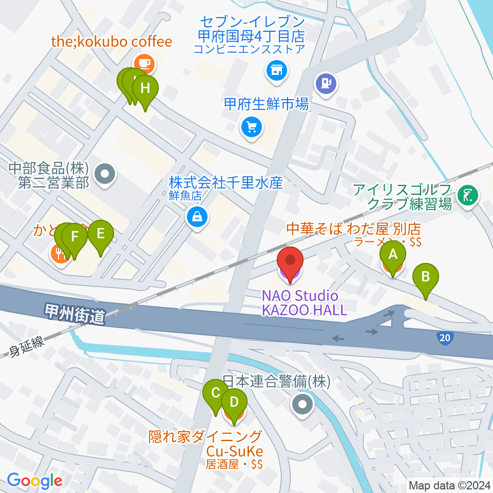 甲府カズーホール周辺のファミレス・ファーストフード一覧地図