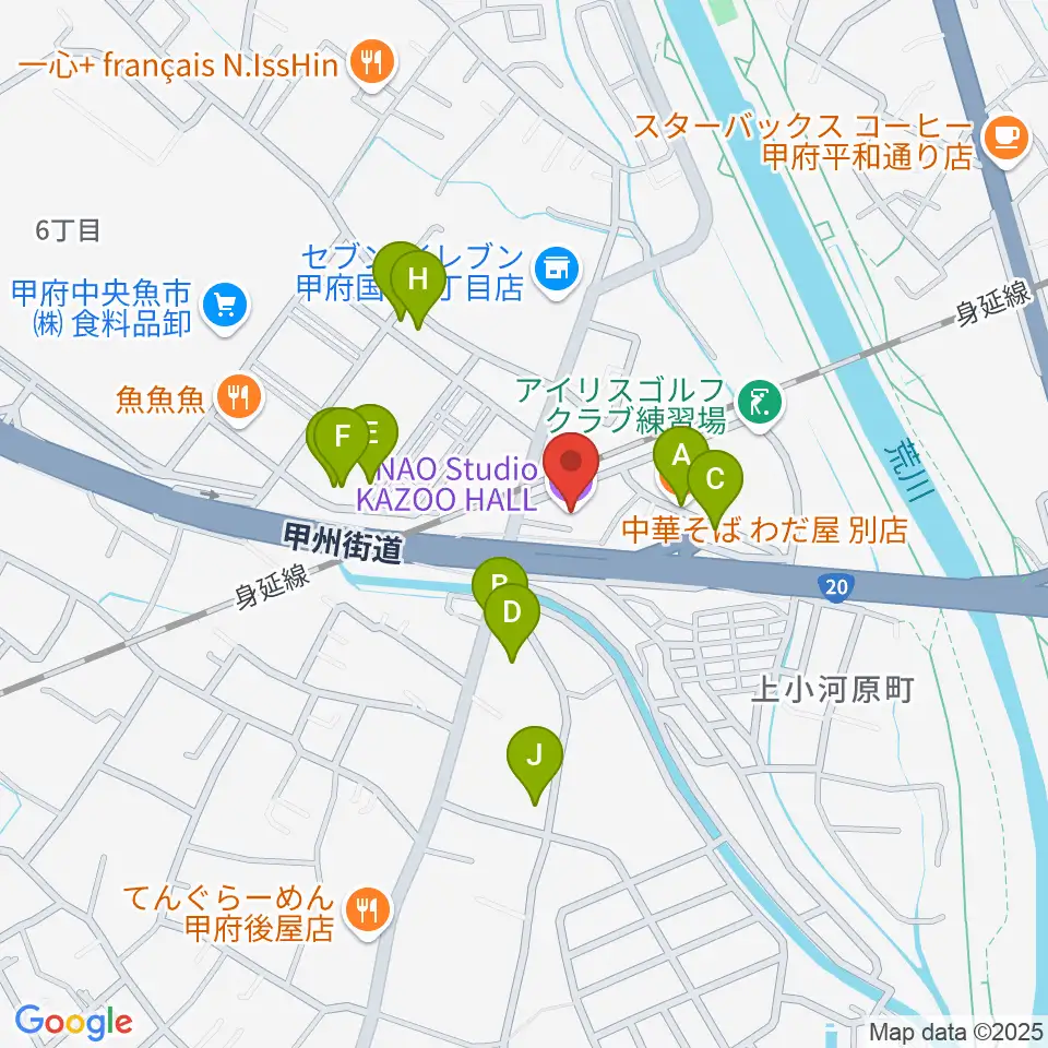 甲府カズーホール周辺のファミレス・ファーストフード一覧地図