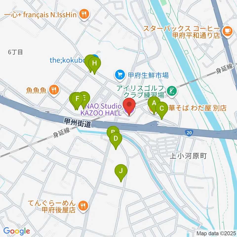 甲府カズーホール周辺のファミレス・ファーストフード一覧地図