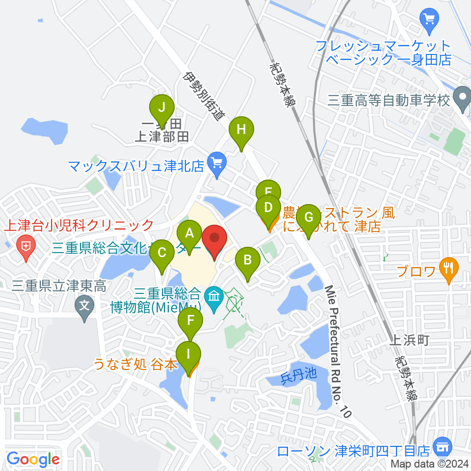 三重県総合文化センター 三重県文化会館周辺のファミレス・ファーストフード一覧地図