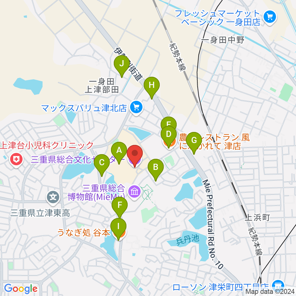 三重県総合文化センター 三重県文化会館周辺のファミレス・ファーストフード一覧地図