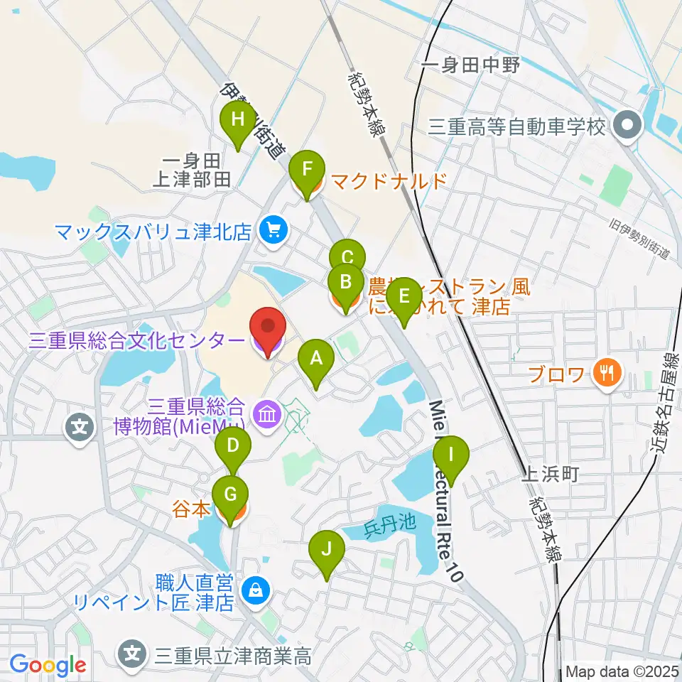 三重県文化会館周辺のファミレス・ファーストフード一覧地図