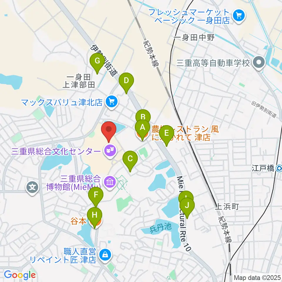 三重県文化会館周辺のファミレス・ファーストフード一覧地図