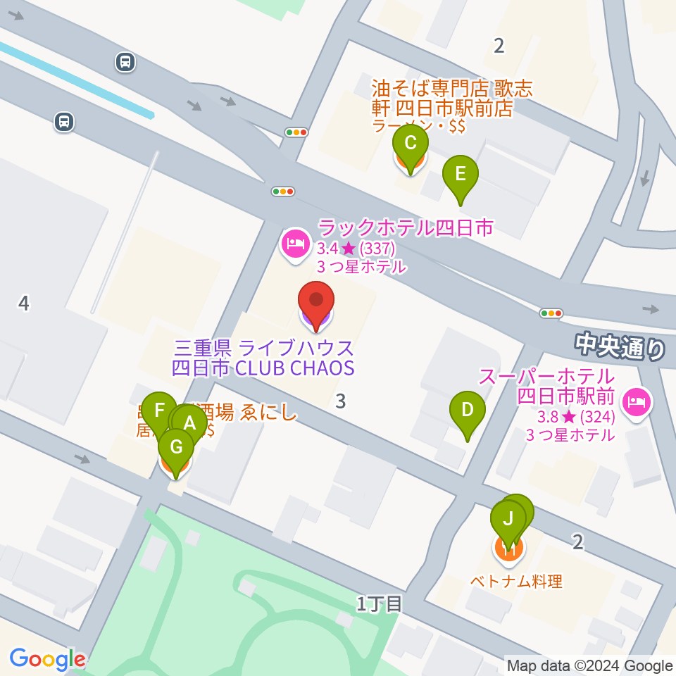 四日市CLUB CHAOS周辺のファミレス・ファーストフード一覧地図