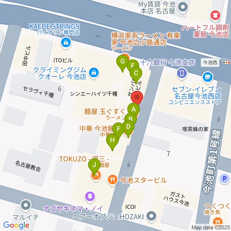 今池TOKUZO周辺のファミレス・ファーストフード一覧地図