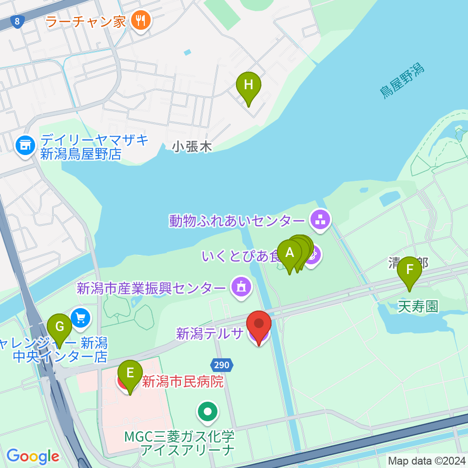 新潟テルサ周辺のファミレス・ファーストフード一覧地図