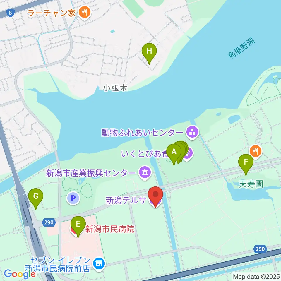 新潟テルサ周辺のファミレス・ファーストフード一覧地図