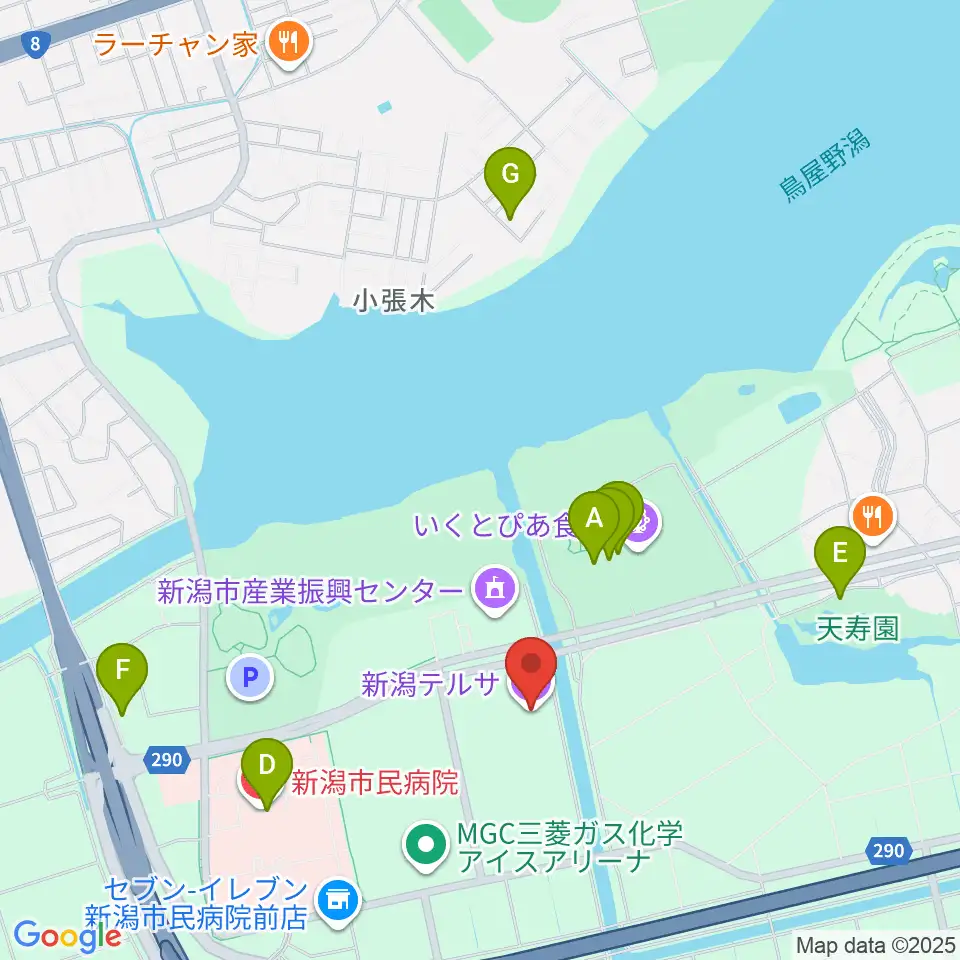 新潟テルサ周辺のファミレス・ファーストフード一覧地図
