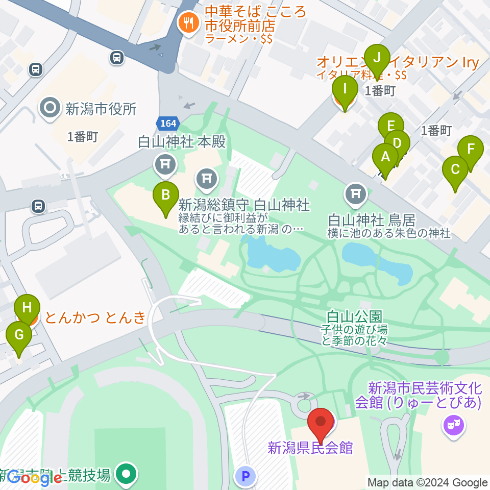 新潟県民会館周辺のファミレス・ファーストフード一覧地図