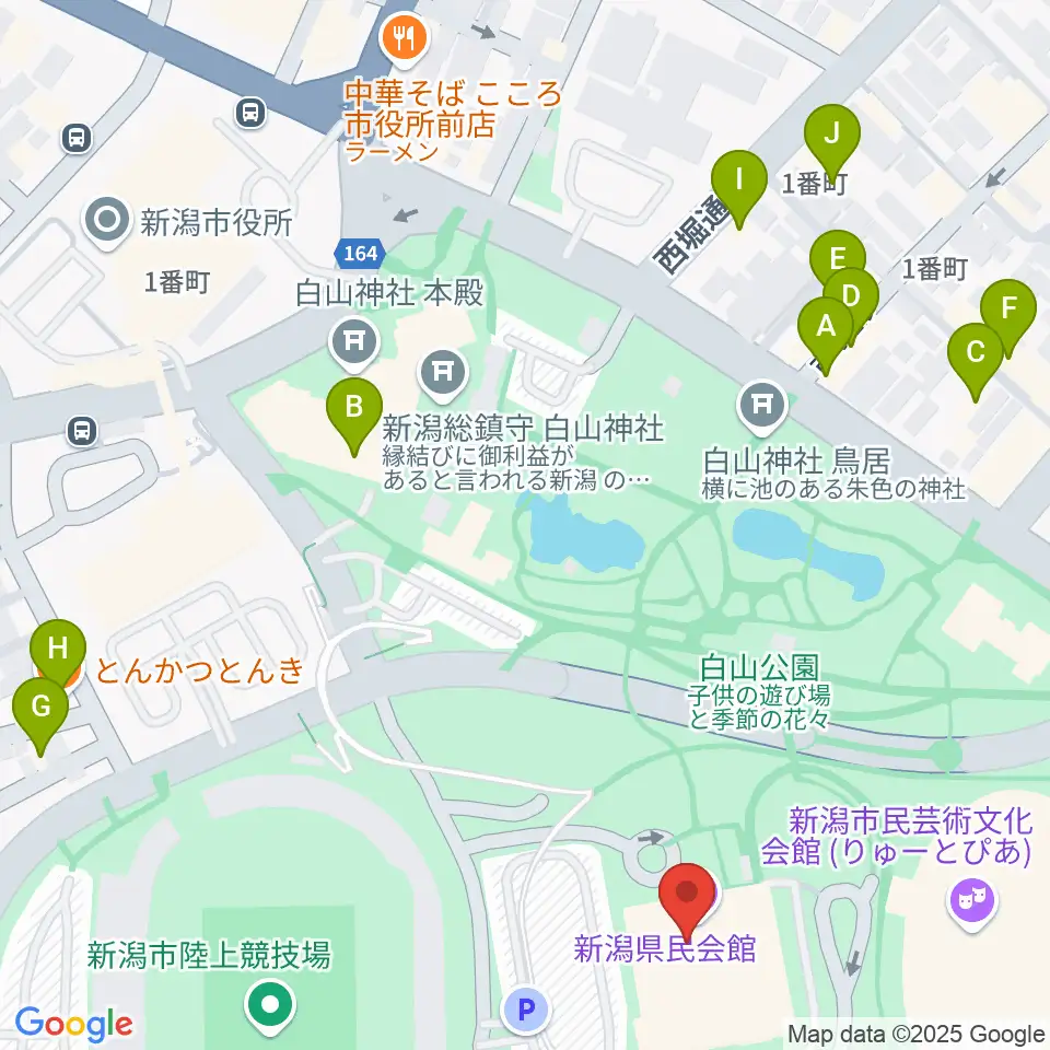 新潟県民会館周辺のファミレス・ファーストフード一覧地図