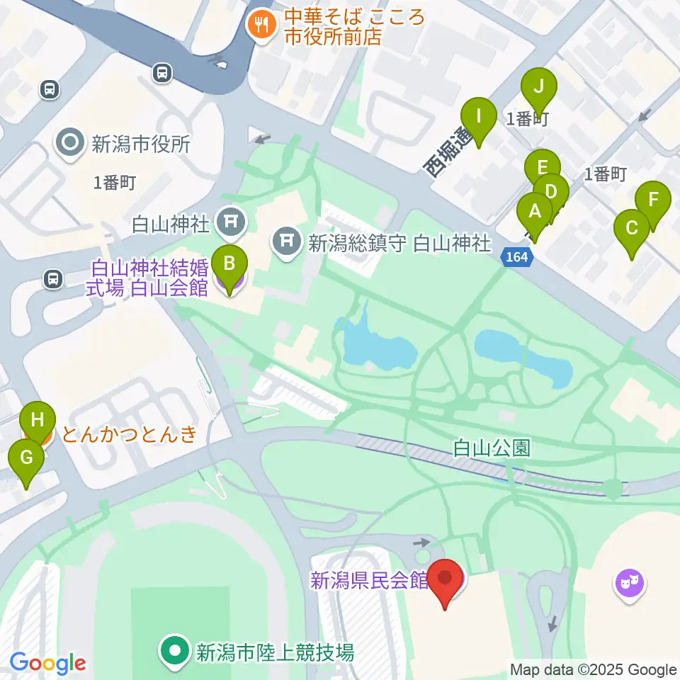 新潟県民会館周辺のファミレス・ファーストフード一覧地図