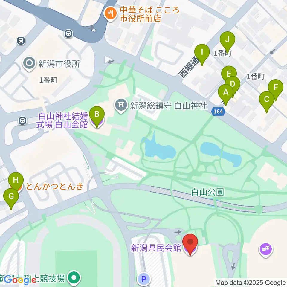 新潟県民会館周辺のファミレス・ファーストフード一覧地図