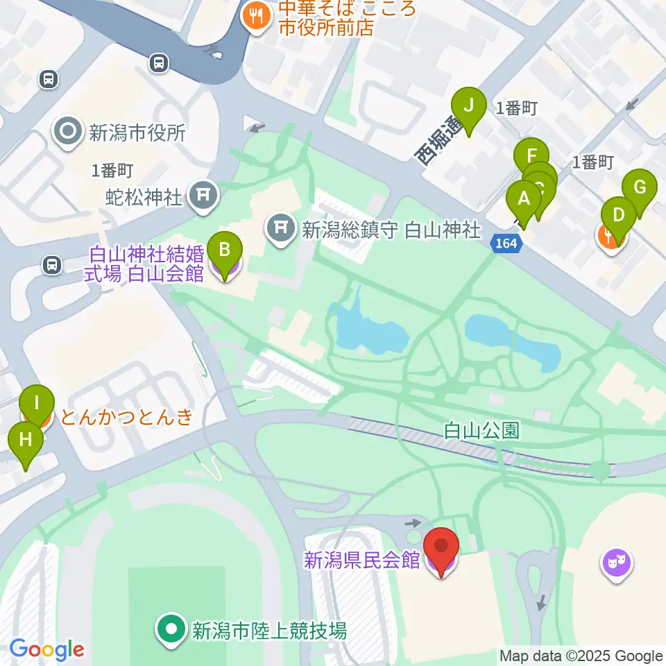 新潟県民会館周辺のファミレス・ファーストフード一覧地図