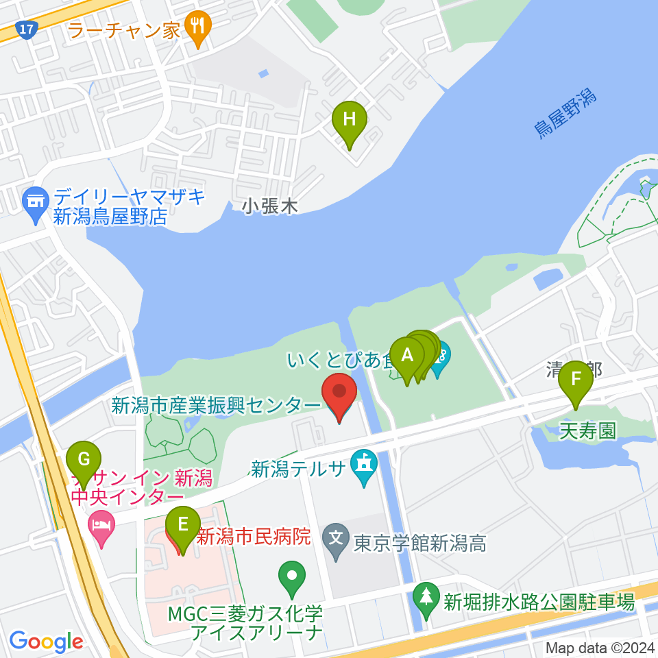 新潟市産業振興センター周辺のファミレス・ファーストフード一覧地図