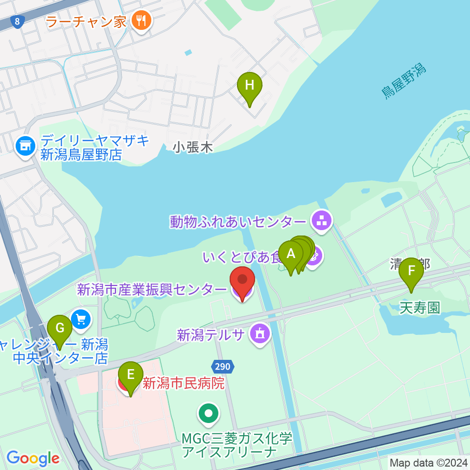 新潟市産業振興センター周辺のファミレス・ファーストフード一覧地図