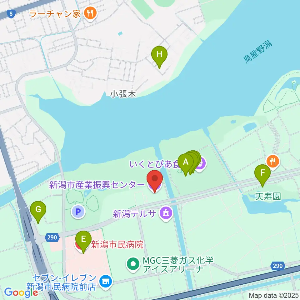 新潟市産業振興センター周辺のファミレス・ファーストフード一覧地図
