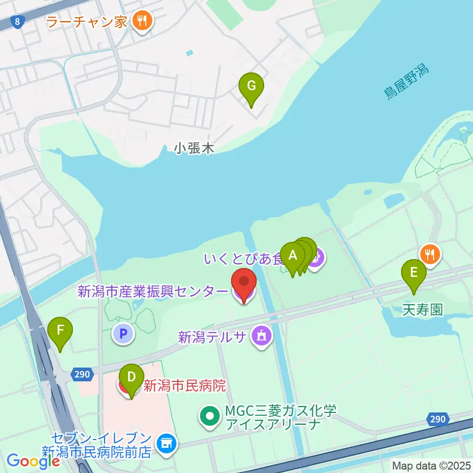 新潟市産業振興センター周辺のファミレス・ファーストフード一覧地図