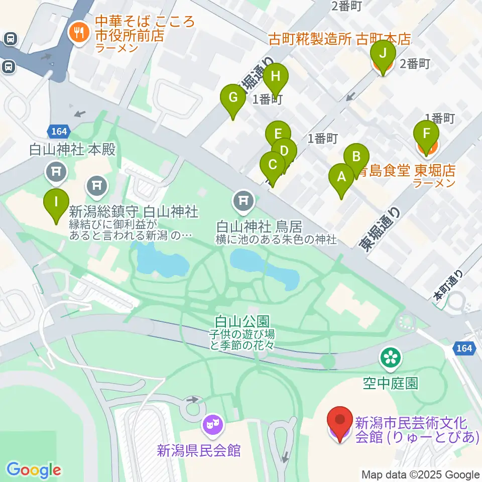 りゅーとぴあ 新潟市民芸術文化会館周辺のファミレス・ファーストフード一覧地図