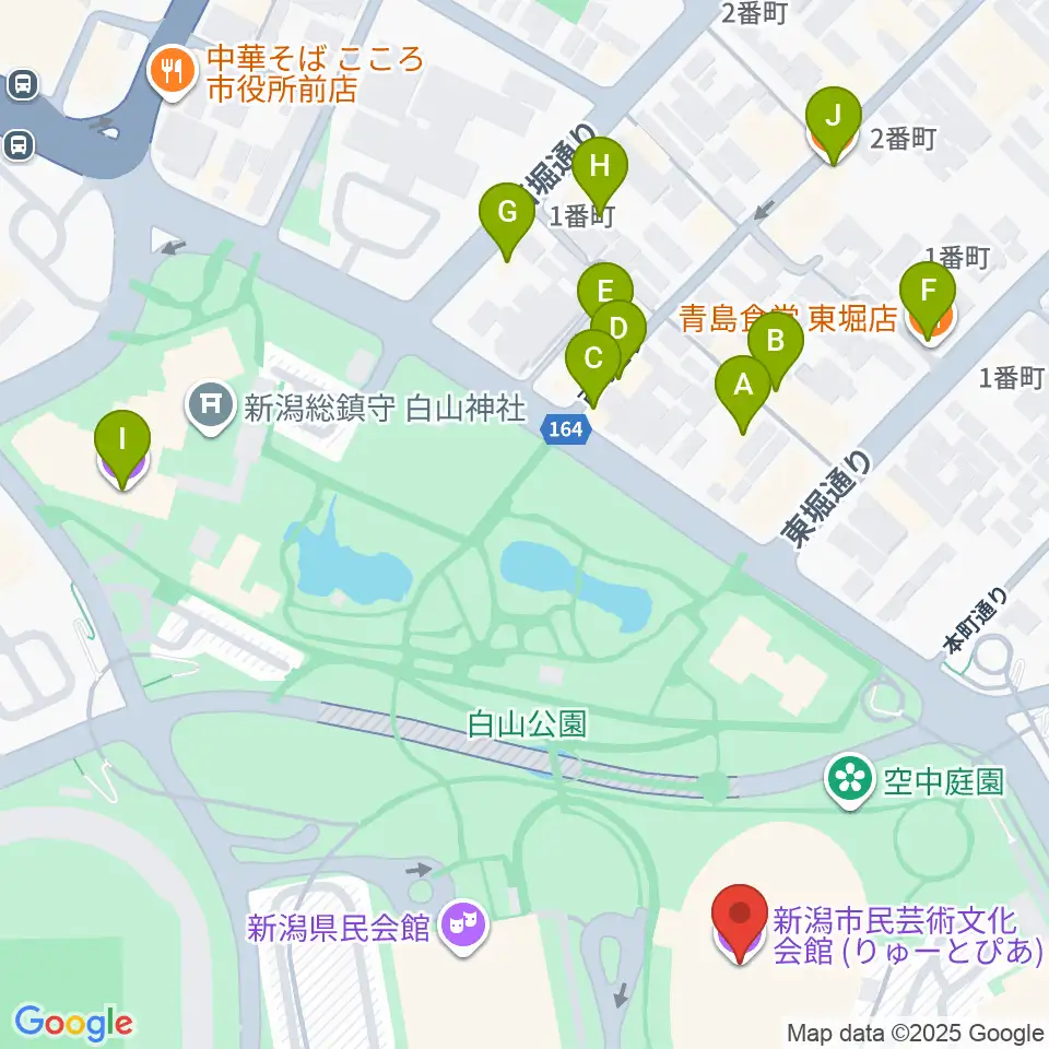 りゅーとぴあ 新潟市民芸術文化会館周辺のファミレス・ファーストフード一覧地図