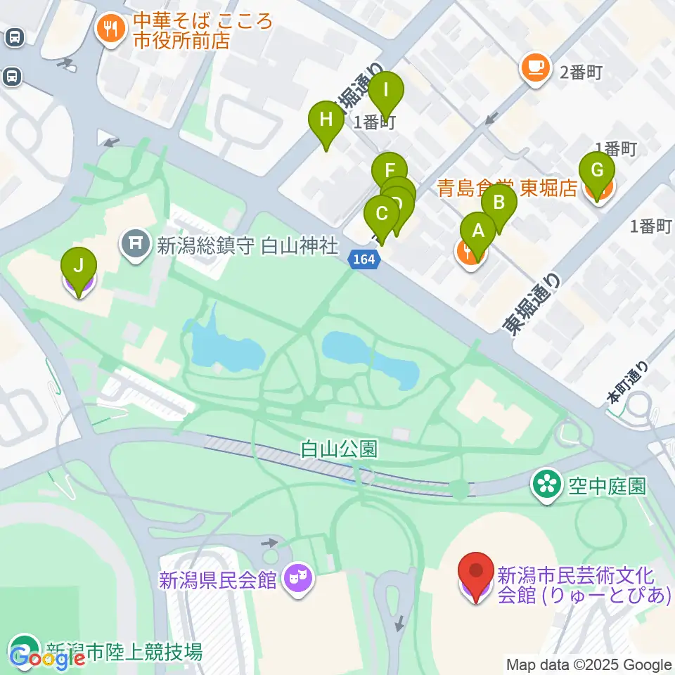 りゅーとぴあ 新潟市民芸術文化会館周辺のファミレス・ファーストフード一覧地図