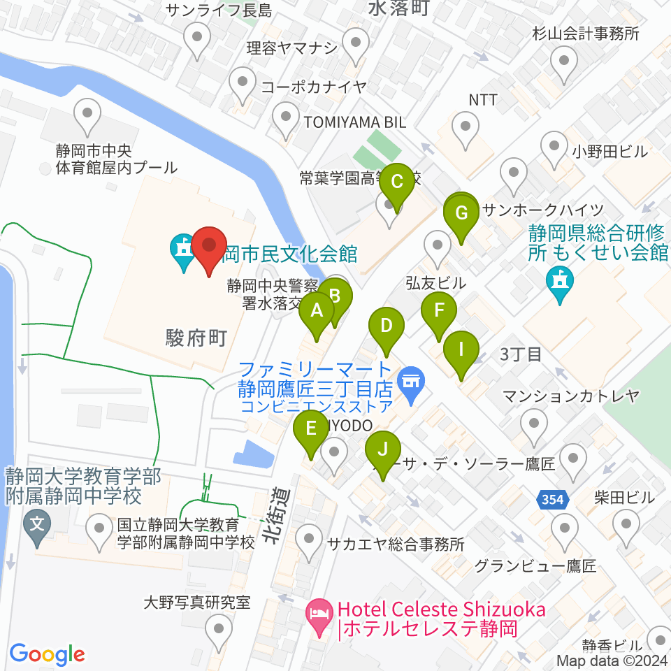 静岡市民文化会館周辺のファミレス・ファーストフード一覧地図