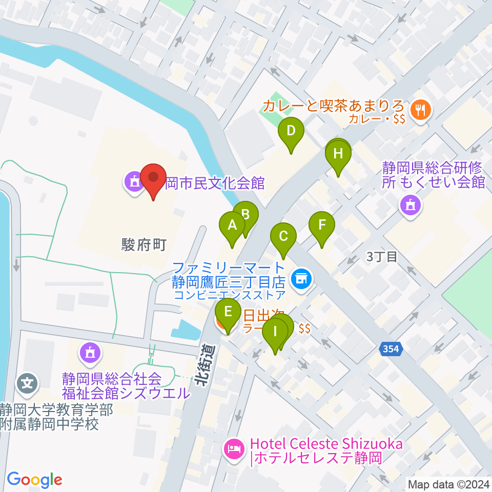 静岡市民文化会館周辺のファミレス・ファーストフード一覧地図